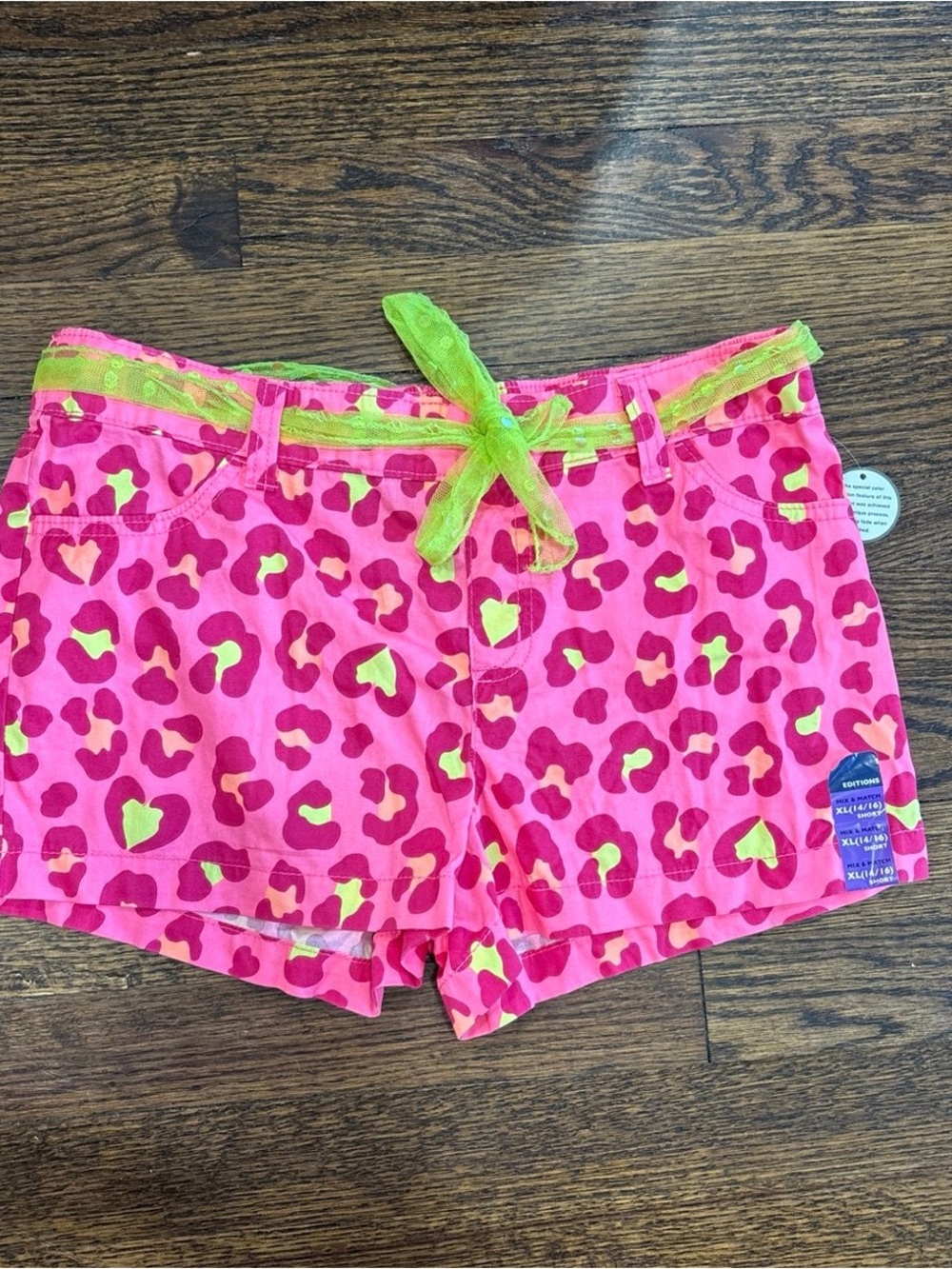 Basic Editions Girls Pink Leopard Print Shorts with Neon Green Tie size 14/16